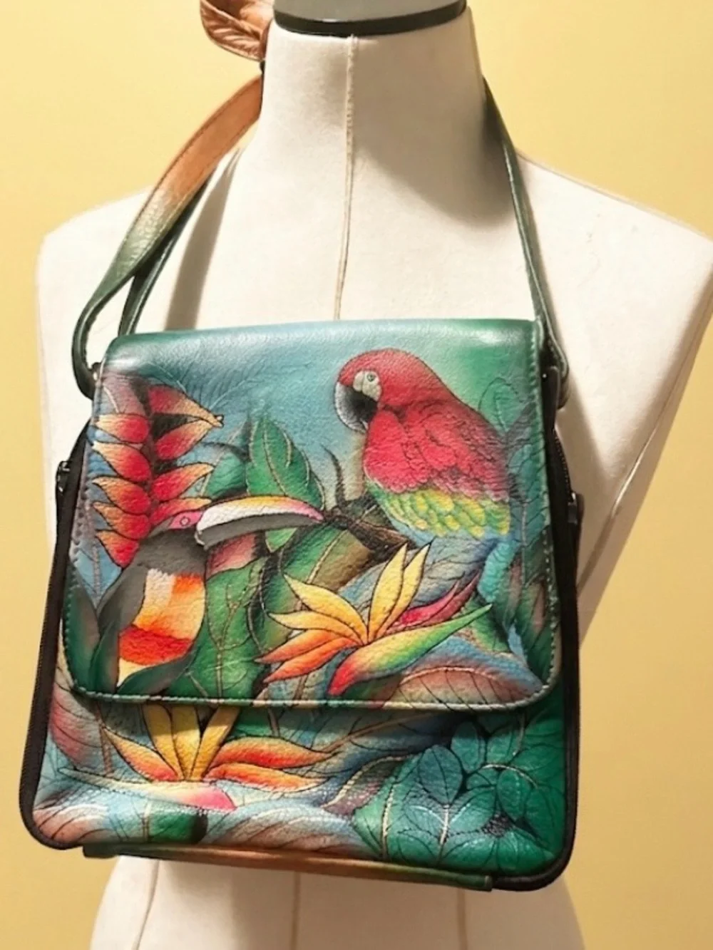 Hand-Painted Teal Crossbody Bag with Tropical Parrot Design